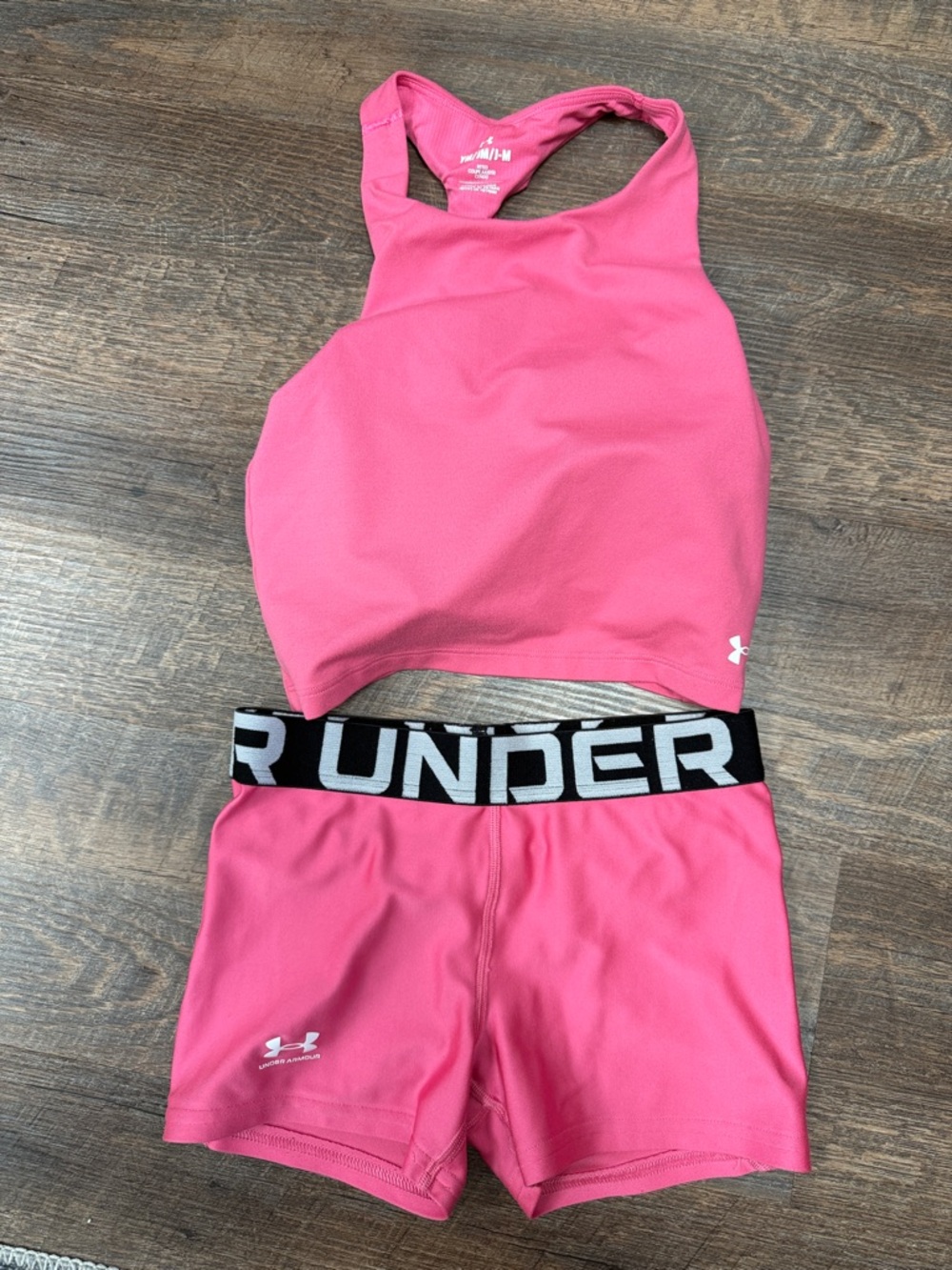 Under Armour Hot Pink Racerback Crop Top & Logo Waistband Shorts